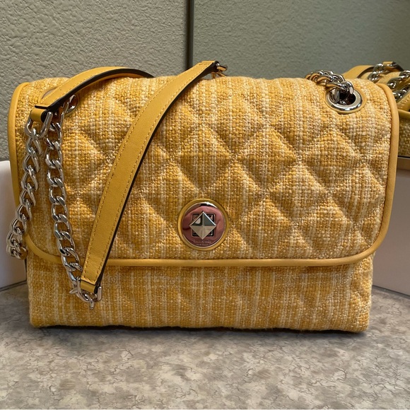 ♠️ Kate Spade Medium Convertible Bag Tweed Fabric Cut Mango Yellow ♠️